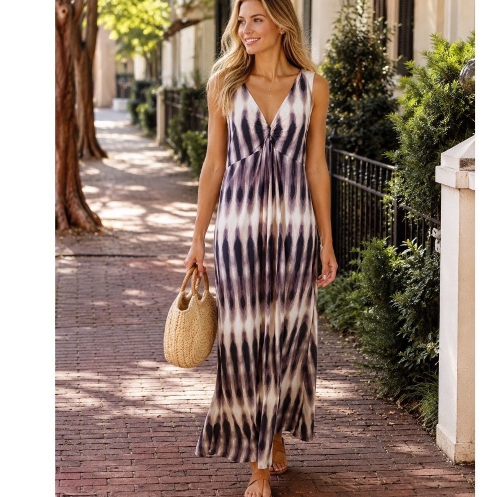Mixit Womens Brown Abstract Ikat Knot Front Maxi Dress Sleeveless V-Neck Medium